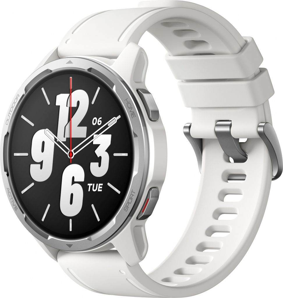 A white smartwatch with a black face is shown against a white background.