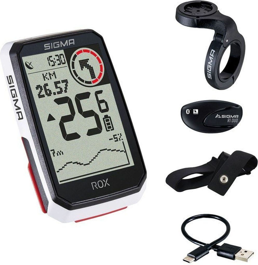A collection of bicycle computer accessories, including the main unit, a handlebar mount, a heart rate monitor, and a charging cable.