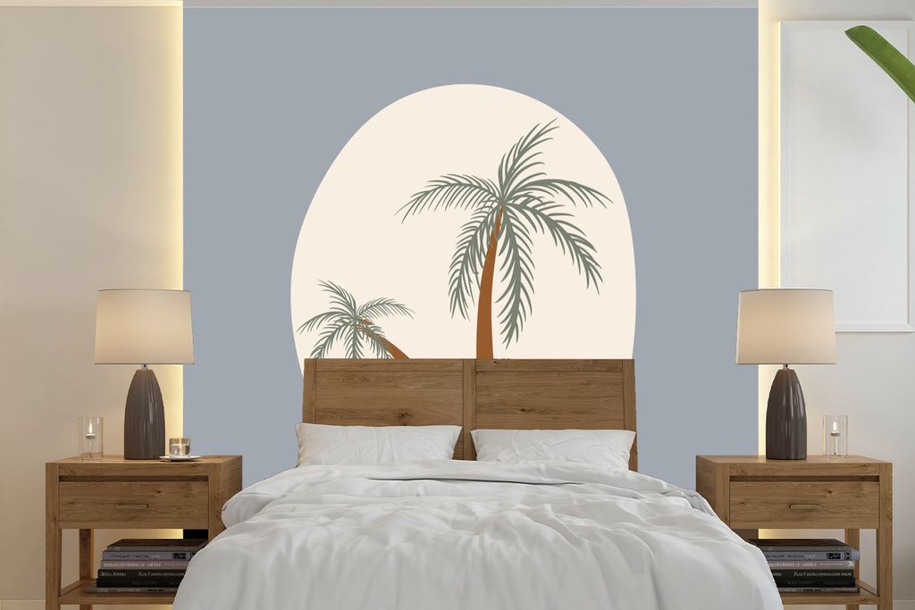 MuchoWow Fototapete für Wohnzimmer oder Schlafzimmer Wandtapete Vinyl Motivtapete Palme - Pastell - Sommer - Blau - 280x280 cm - Hintergrundbild