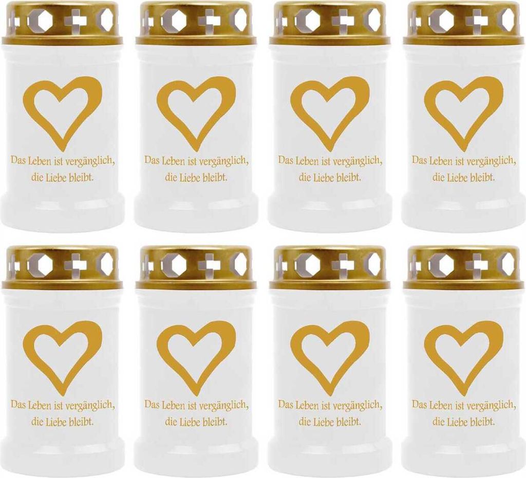 Grabkerze Weiß 8er Pack ( Druck Gold ), 40 Stunden/Kerze, Motiv: Herz