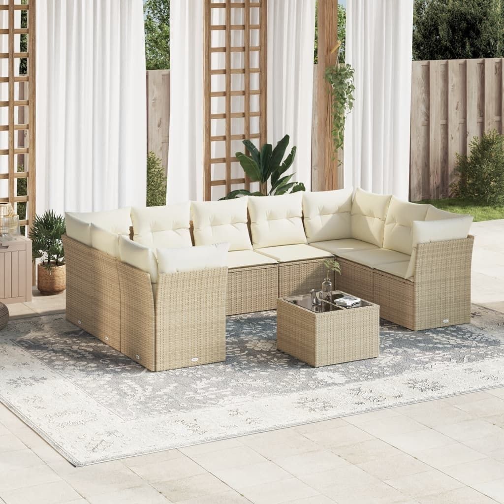 Design 10-tlg. Garten-Sofagarnitur mit Kissen Beige Poly Rattan, Gartenmöbel-Sets 2024 Neu