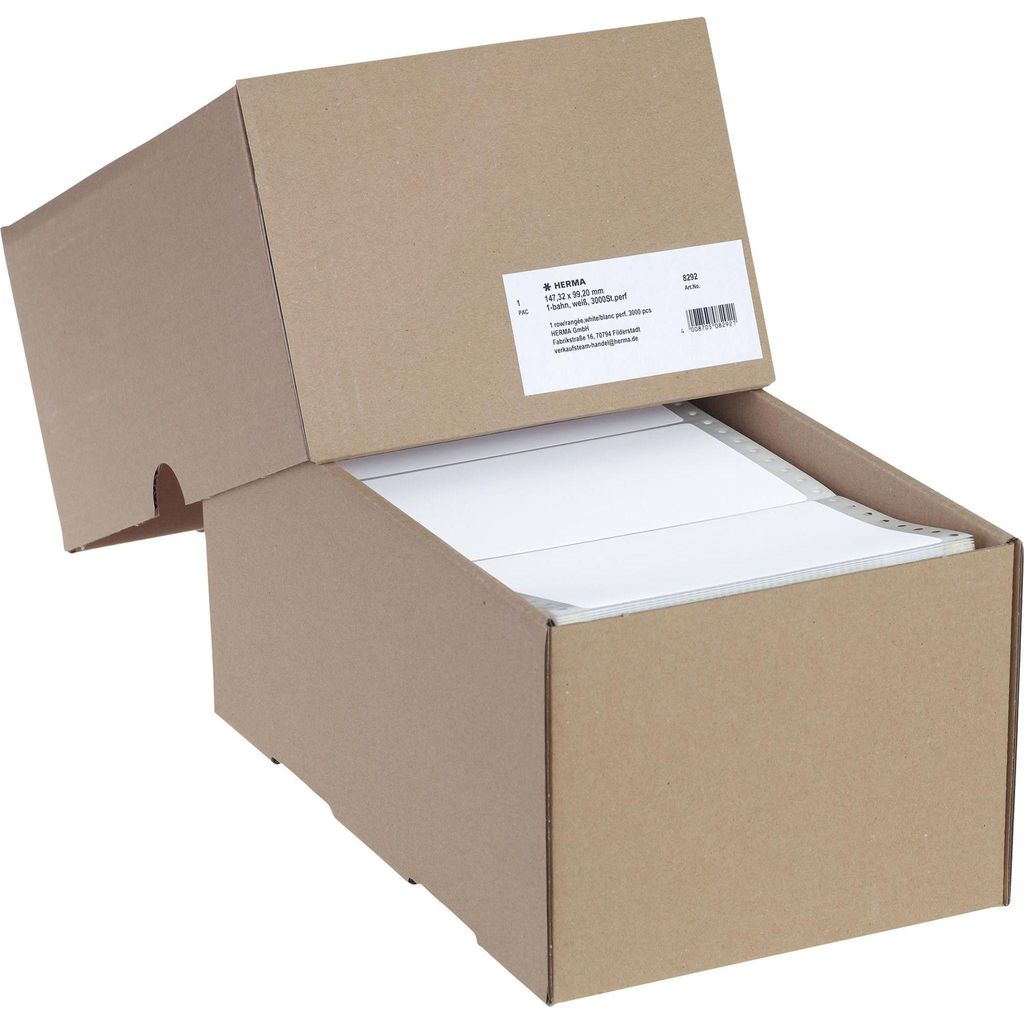 HERMA Computeretiketten 147.32x99.2 mm 1-bahnig weiß perforiert Papier matt 3000 St., Weiß, Selbstklebendes Druckeretikett, Zellulose, Papier, Pu...