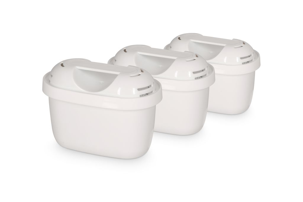 Three white water filter cartridges arranged diagonally on a white background.