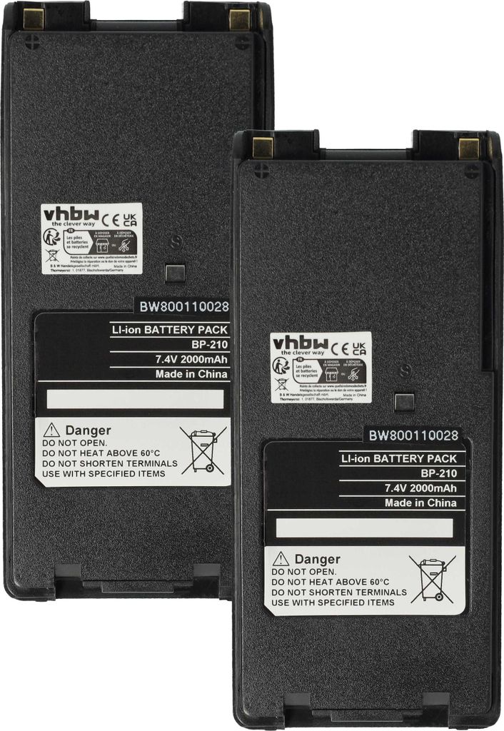 vhbw 2x Akku kompatibel mit Icom IC-F31GS, IC-F31GT, IC-F30GS, IC-F30GT, IC-F3G Funkgerät, Walkie Talkie (2000 mAh, 7,4 V, Li-Ion) + Gürtelclip