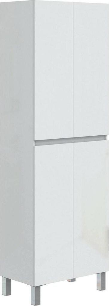 A tall, slender white cabinet with four doors and silver legs, presented against a white background.