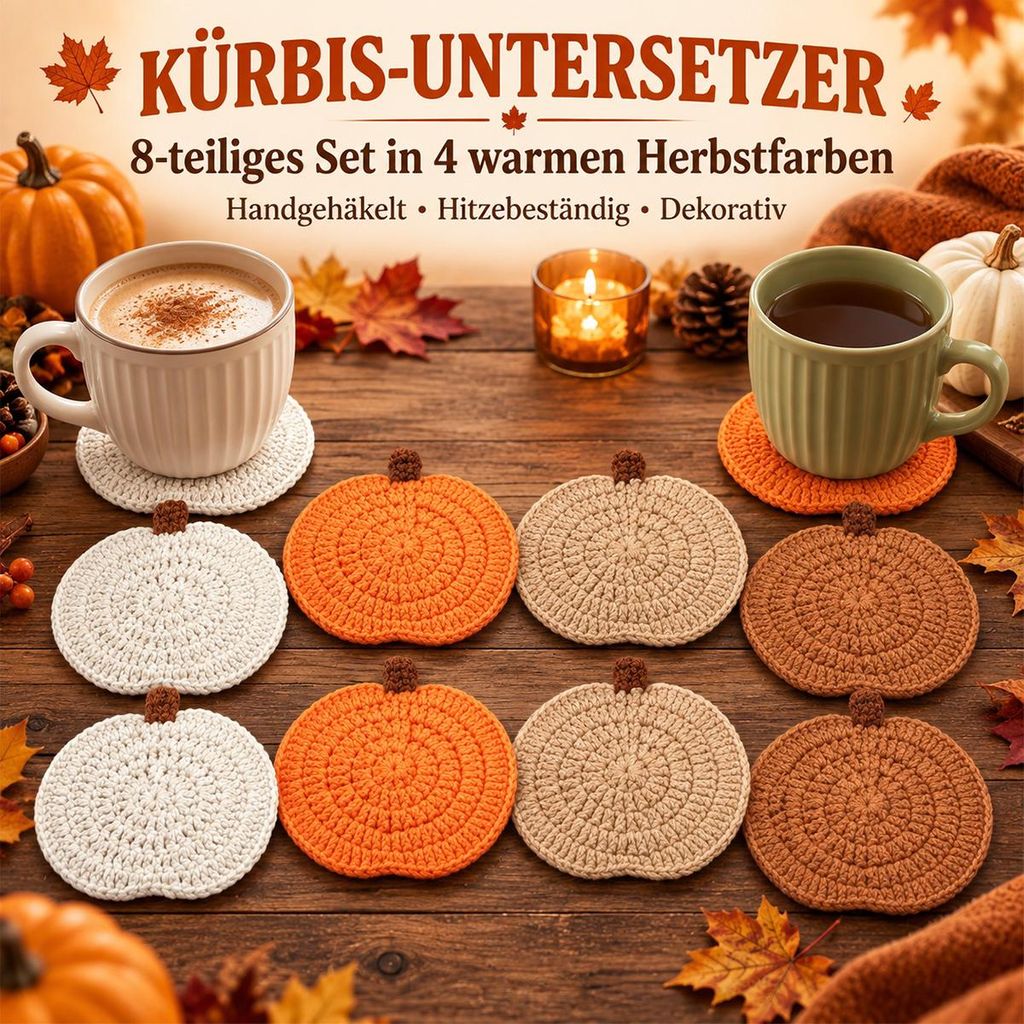 Kürbis Untersetzer 8er-Set, handgehäkelte Tassenuntersetzer