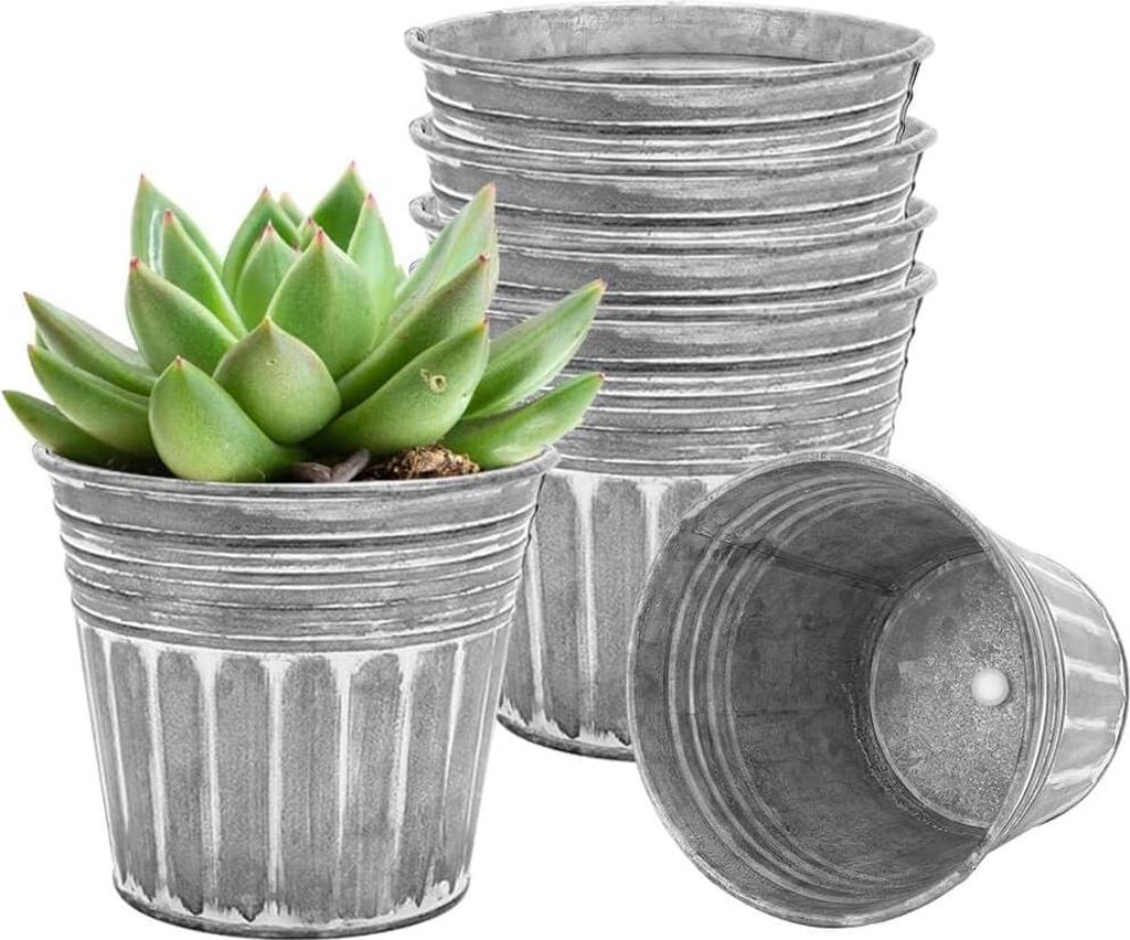 10 cm verzinkte Pflanzenkübel für draußen - 6 Stück rostfreie Blumenkübel mit Abflussloch und Gummistopfen - Rostfreie Metallpflanzenkübel - ...