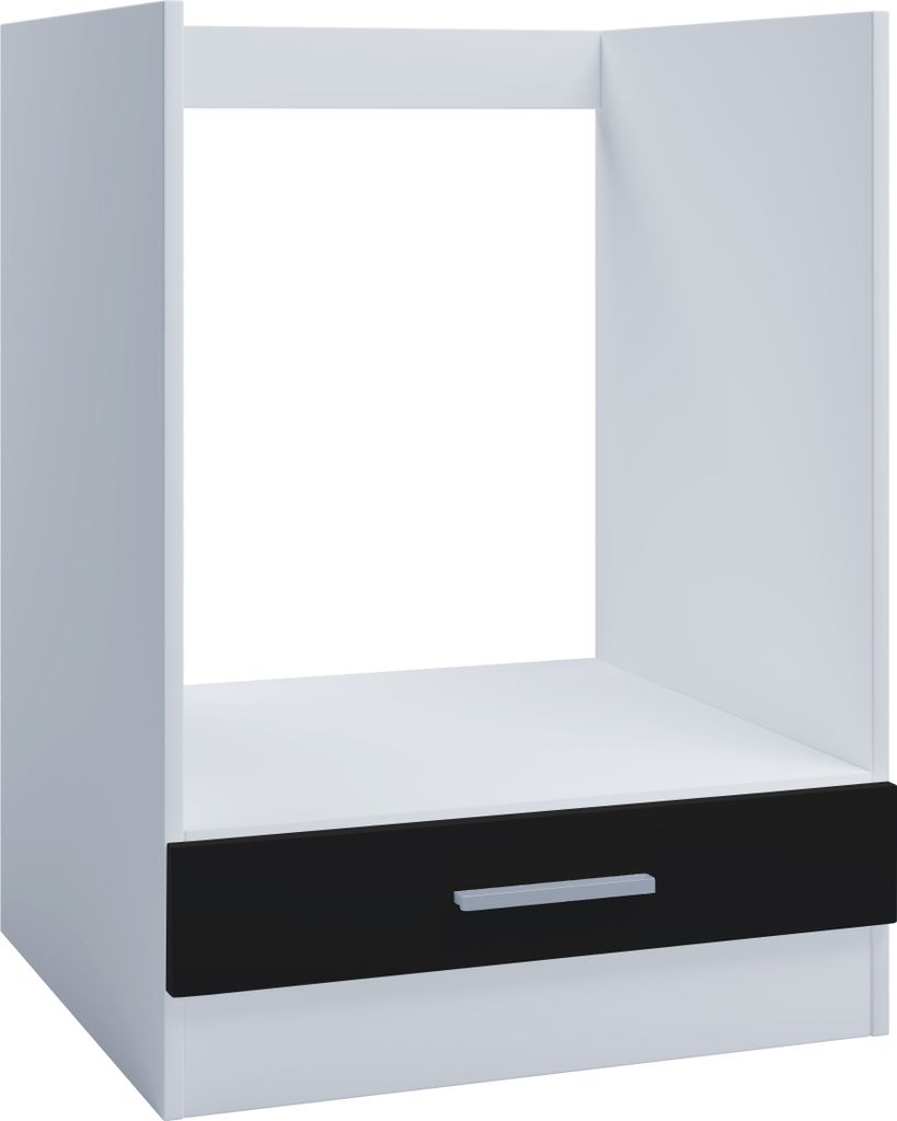 A white kitchen cabinet with a black drawer and a silver handle.