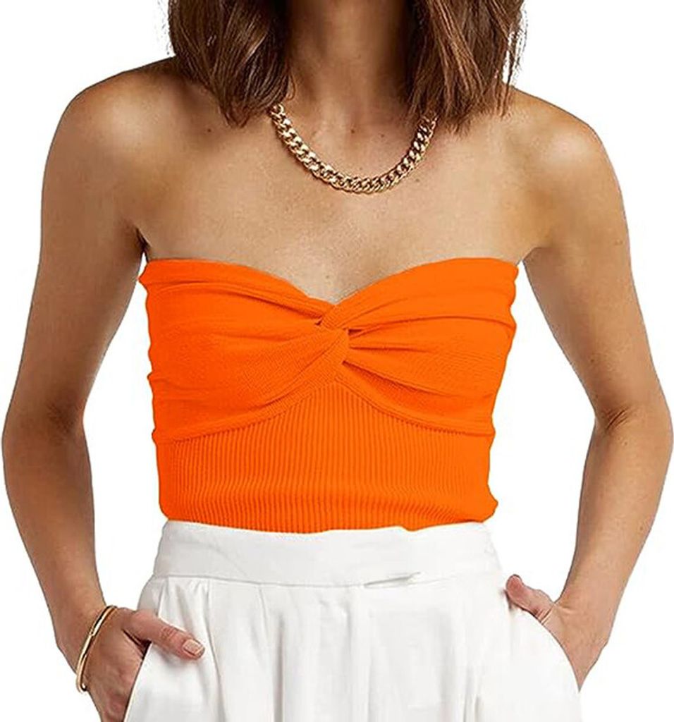 ASKSA Damen Tube Top Y2K Gerippt Knit Tops Twist Knot Bustier Trägerloses Ärmelloses Oberteile, Orange, 3XL