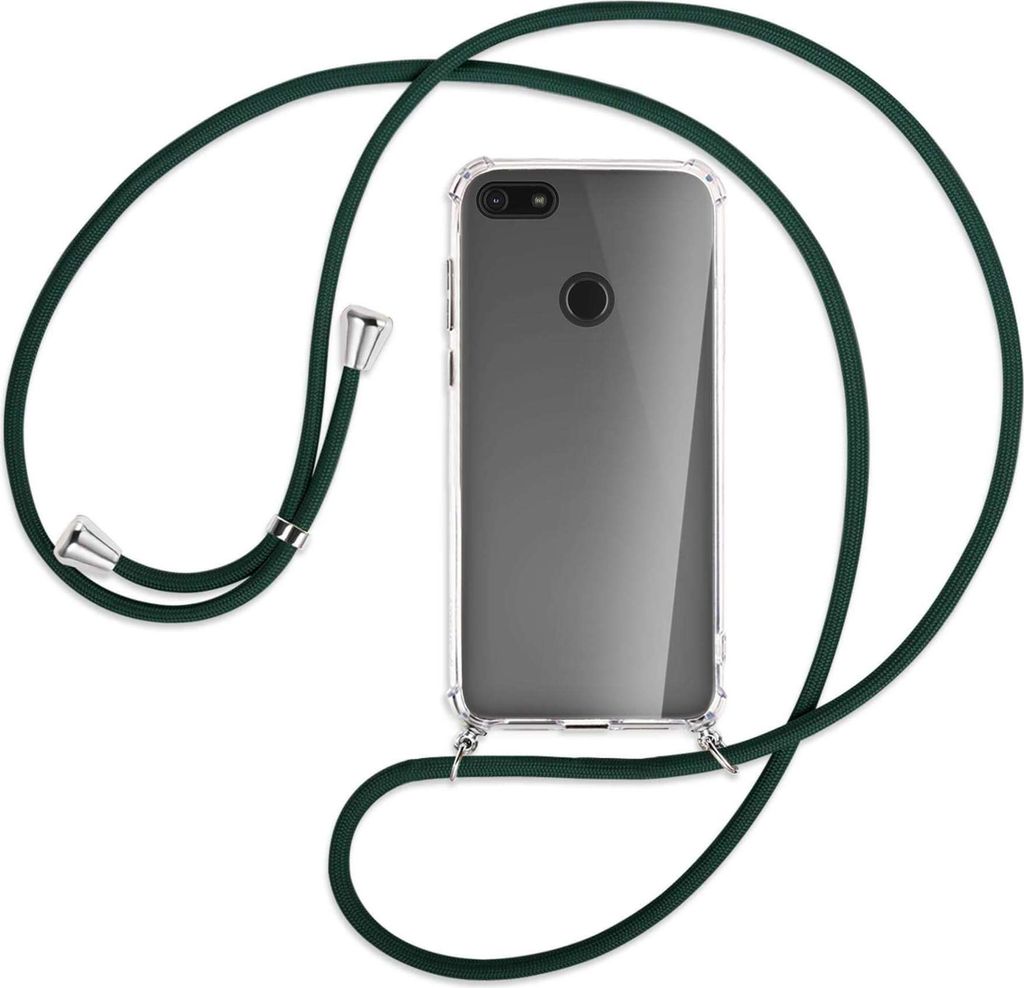 Handykette Backcover-Schutzhülle mit Band (Metall silberfarben) für Motorola Moto E6 Play - dunkelgrün