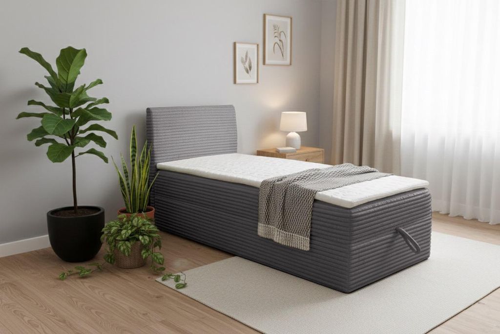 VENASI TILLY MINI Boxspringbett 80x200 Einzelbett mit Bettkasten H2/H3 Matratze GRAU CORD TILIA