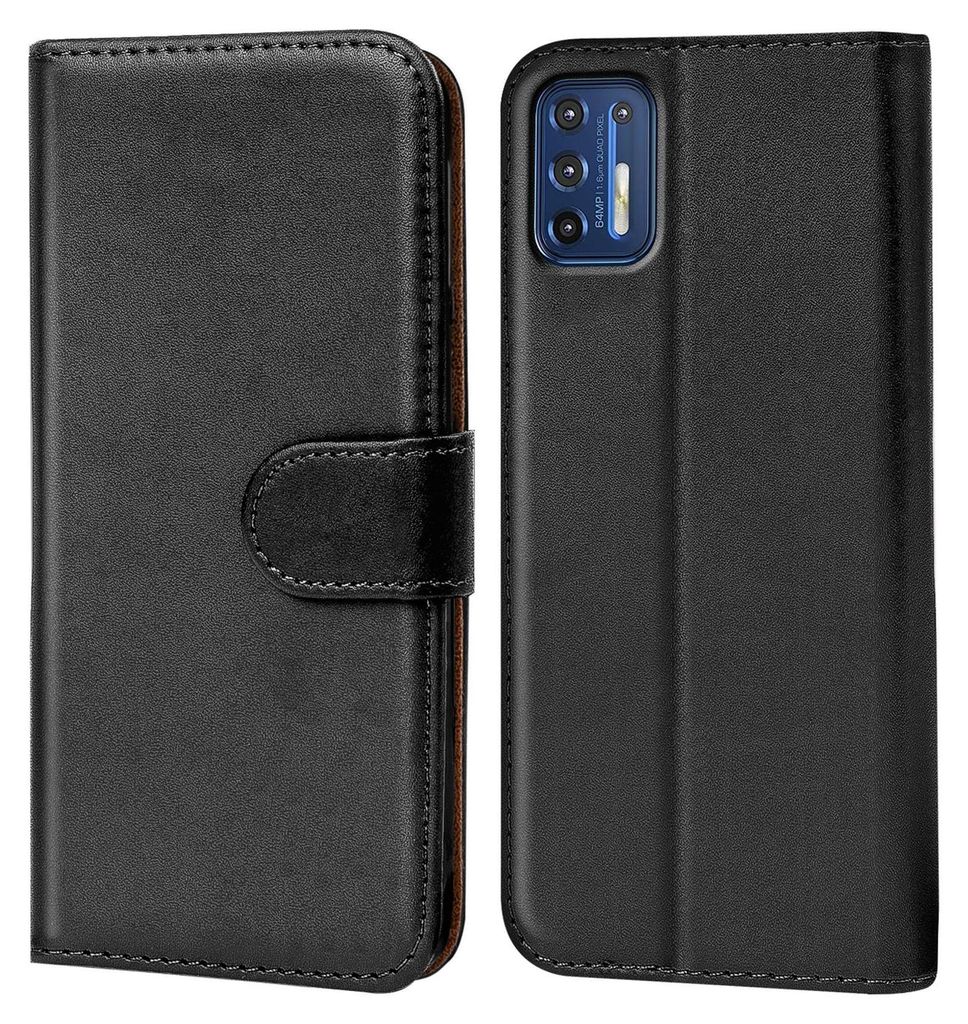 A black flip case for a smartphone is shown from the front and back.