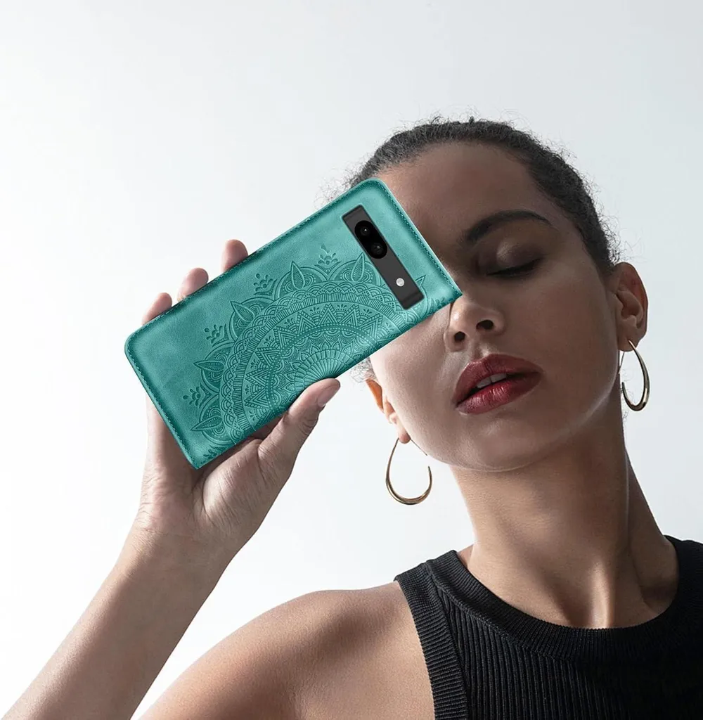 Housse Google Pixel 8A verte en cuir gaufré avec rangement de cartes