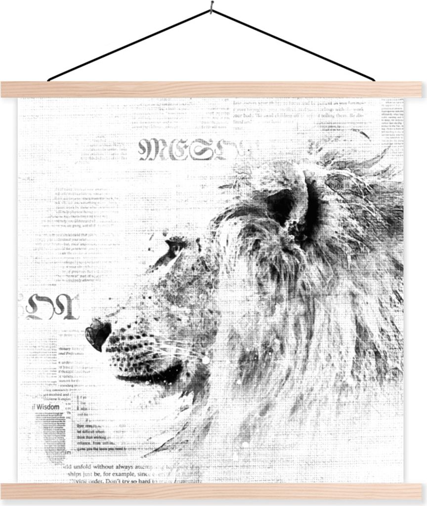 MuchoWow Textilposter Löwe - Zeitung - Schwarz - Weiß 120x120 cm mit holzfarbenen Rahmen - Textil-Poster