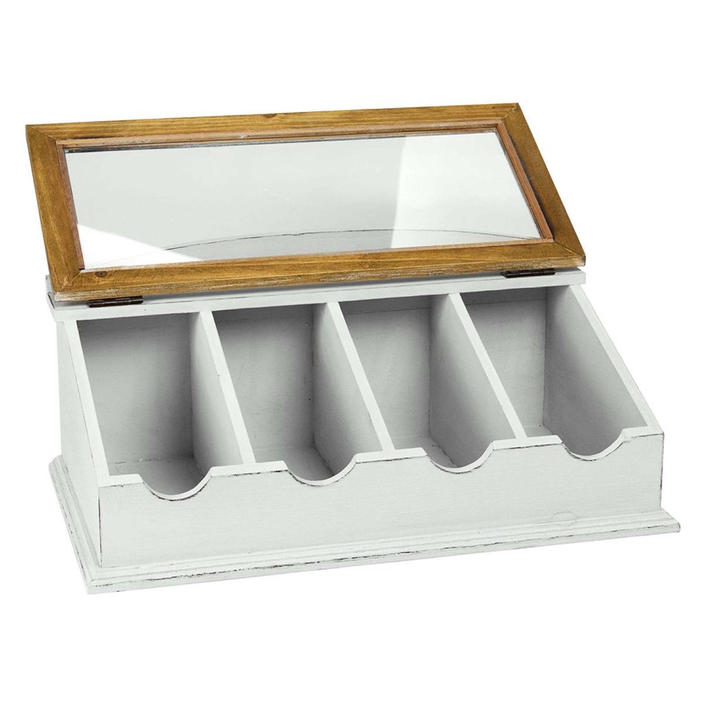 Besteckkiste Weiss Besteckkasten mit Glasdeckel Holzbox Besteckaufbewahrung 