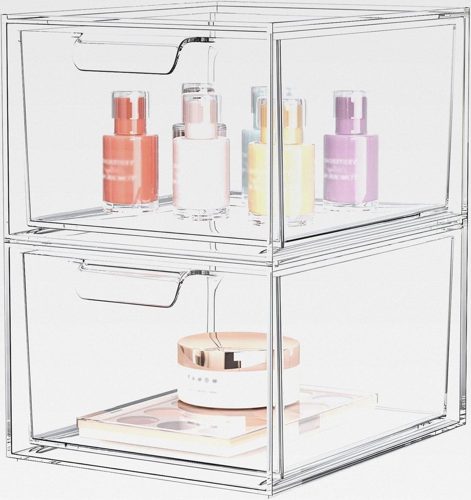 2er Schubladen Organizer – Schreibtisch Organizer – Stapelbare transparente Acryl-Schubladenbox mit 16 rutschfesten Matten – Schminktisch Org...