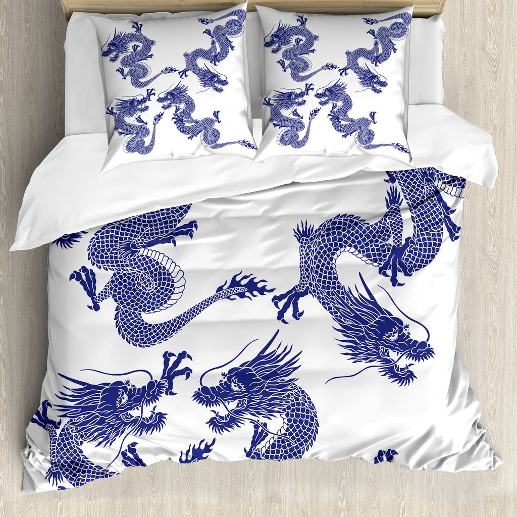 ABAKUHAUS Drachen Bettbezug, Japanische Drachen Mythische, Milbensicher Allergiker geeignet mit Kissenbezügen, 200 cm x 200 cm - 80 x 80 cm, Blau