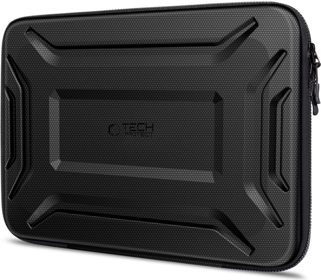 A black laptop case with a textured surface and a raised geometric pattern.