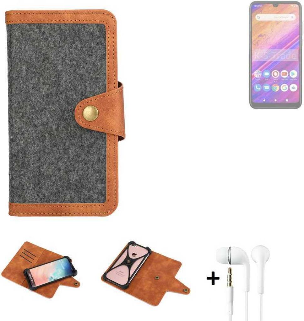 K-S-Trade Handyhülle + Kopfhörer kompatibel mit BLU J6S Schutzhülle Filzhülle Kunstleder dunkelgrau braun (1x)