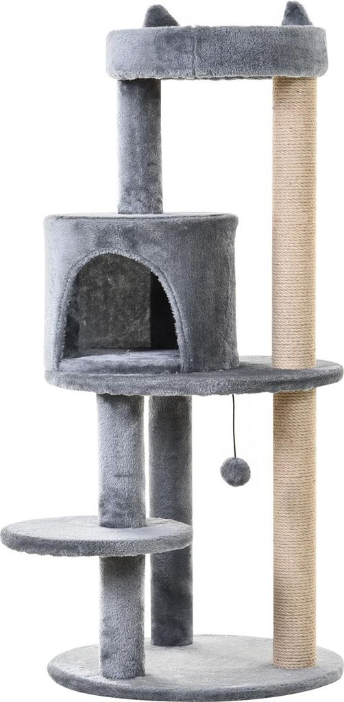 Katzenbaum 4-Stock Katzenhöhle Katzenhaus mit Spielbällen Sitzstange Sisalsäule und Kratzbrett groß stabil Sisal Plüsch Grau 48x48x104 cm