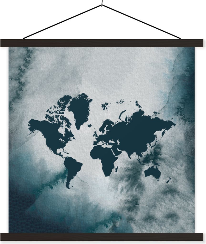 MuchoWow Textilposter Weltkarte - Aquarell - Blau 60x60 cm mit schwarzem Rahmen - Posteraufhänger