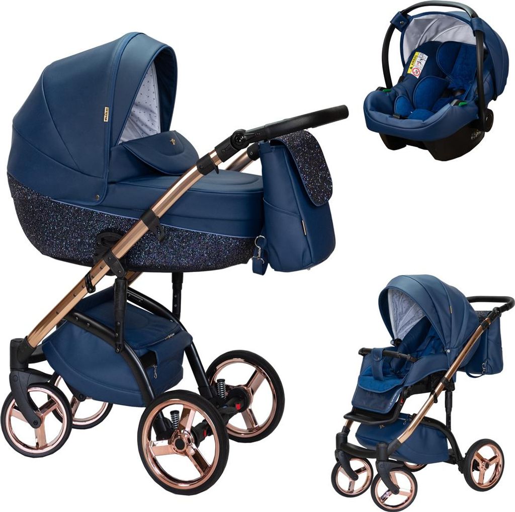 Kinderwagen-Set Vip Lux 4 in 1 inkl. Sportsitz, Autositz und umfangreichem Zubehör in Farbe Blue Star - in 21 Farben erhältlich