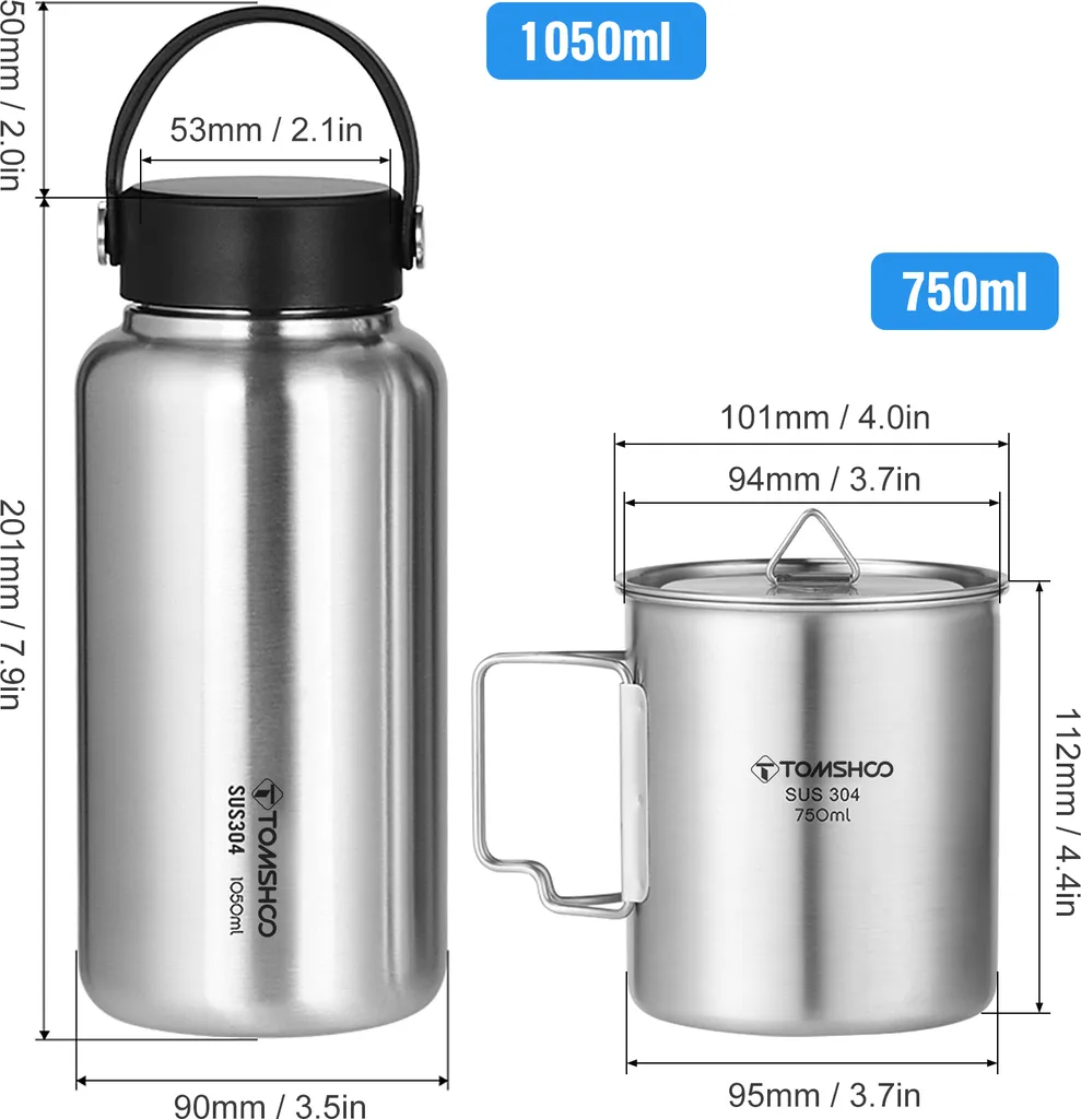 Gourde de camping 750ml avec grande bouteille inox 1050ml randonnée
