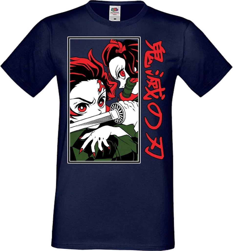 Herren T-Shirt Manga Anime Demon Anime Slayer Tanjiro Nezuko Fighting Fighting, Man XL / Dunkelblau