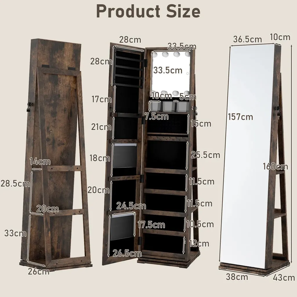 Psyché Miroir Armoire à Bijoux Rotative avec Éclairage LED Intégré - 3