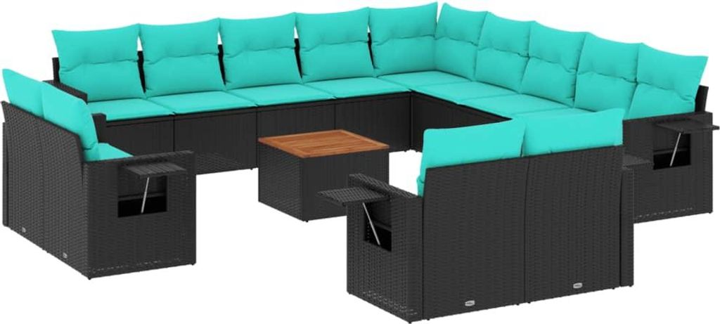 vidaXL 14-teiliges Gartensofa-Set mit Kissen, schwarzes Polyrattan