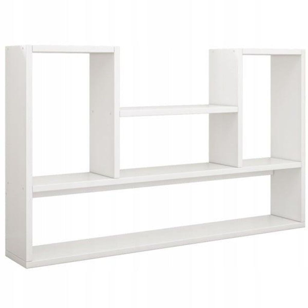A white, modern loft-style bookshelf against a white background.