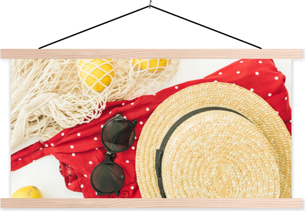 MuchoWow Textilposter Sommer - Zitrone - Hut 120x60 cm mit holzfarbenen Rahmen - Klemmleiste