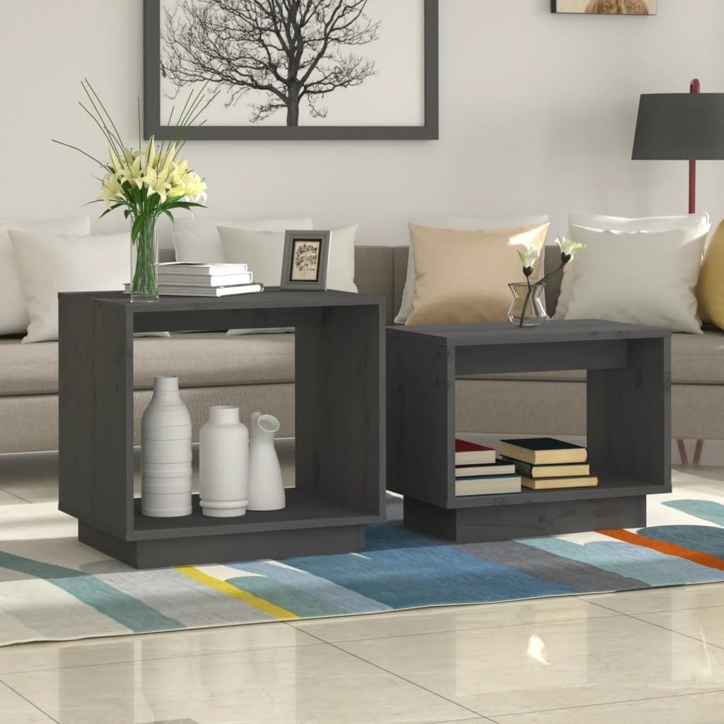 vidaXL Satztische 2 Stk. Grau Massivholz Kiefer - Couchtisch - Couchtische - Holz Couchtisch - Beistelltisch