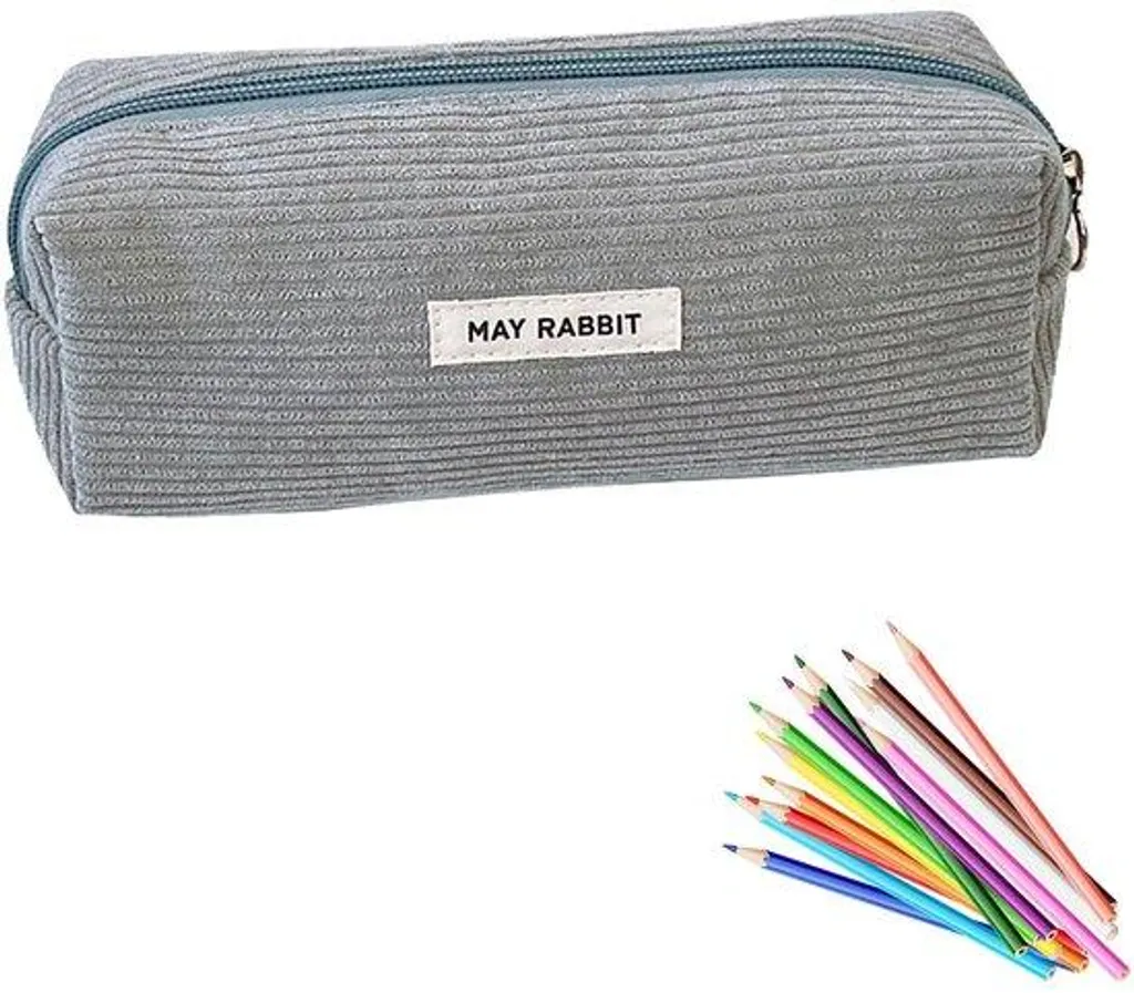 Trousse scolaire en velours côtelé gris - Grand format pour étudiants