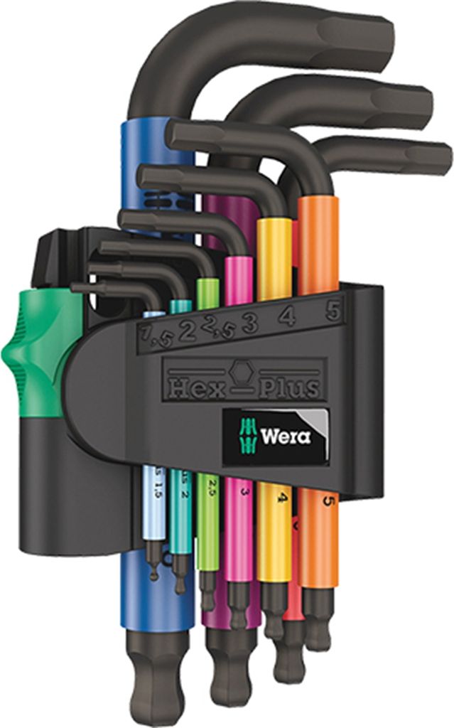 A set of L-shaped hex keys with color-coded handles, held in a black plastic organizer.