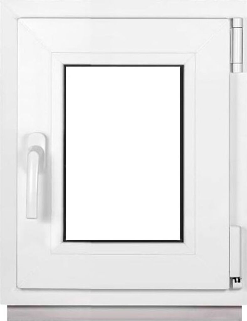 A white window with a clear glass pane, a white handle, and hinges.