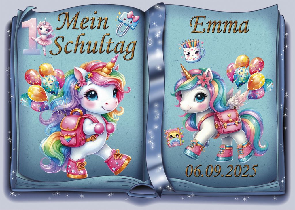 Tortenaufleger Tortendeko Fototorte Tortenbild Einhorn Regenbogen Einschulung Schulanfang 1. Schultag Schuleinführung SE07 (Zuckerpapier) DIN A4 o...