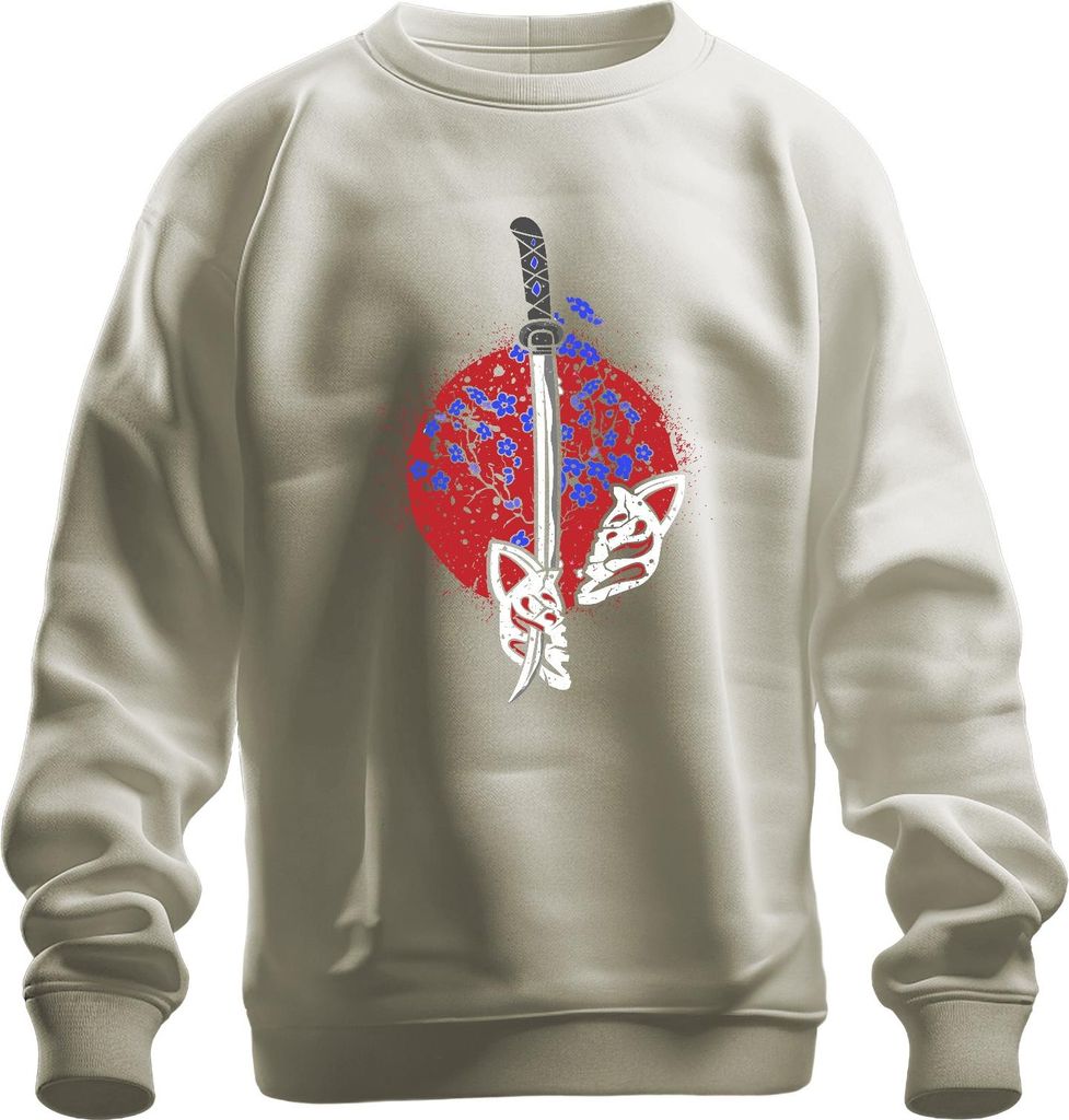 Katana Samurai Kitsune Maske Sakura Kirschblüten Japan Sonne Uni Sweatshirt Pullover, Natur, L