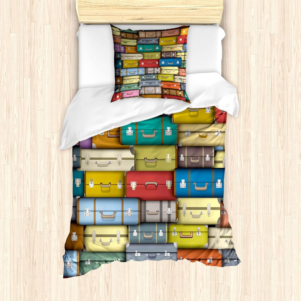 ABAKUHAUS Modern Bettbezug Set, Bunter Koffer-Hintergrund-Weinlese-Reise-Reise-Feiertags-themenorientierter Artful Entwurf, 135 x 200 cm + 80 x 80 ...