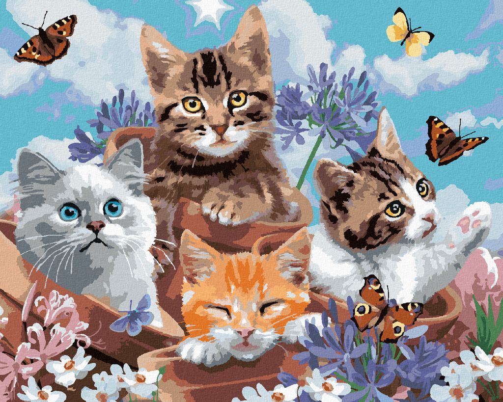 Zuty - Malen nach Zahlen - KATZEN IM BLUMENTOPF UND SCHMETTERLINGE (HOWARD ROBINSON), 40x50 cm, ohne Keilrahmen