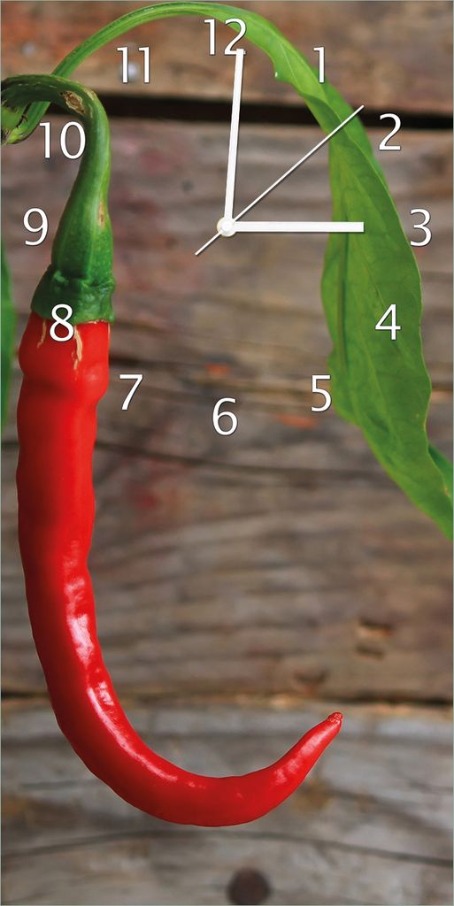 Wallario Design Wanduhr Hängende Chili-Schote aus Echtglas, Größe 30 x 60 cm