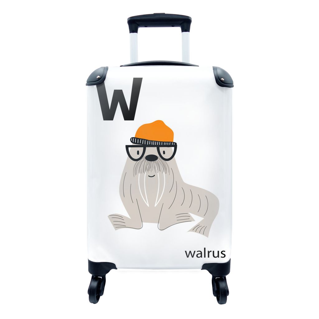 MuchoWow Koffer Handgepäck Trolley Rollkoffer Kleine Reisekoffer mit 4 Rollen - Walross - Tiere - Alphabet - Buchstabe W - Cabin Size < 55x40x23...