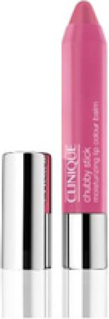 A pink Clinique Chubby Stick Moisturizing Lip Colour Balm with its silver cap is shown against a white background.