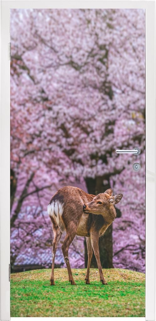 MuchoWow Türtapete Selbstklebende Türfolie Hirsch - Rosa - Blüte 85x215 cm Türposter Türaufkleber Klebefolie Türklebefolie - Aufkleber für...