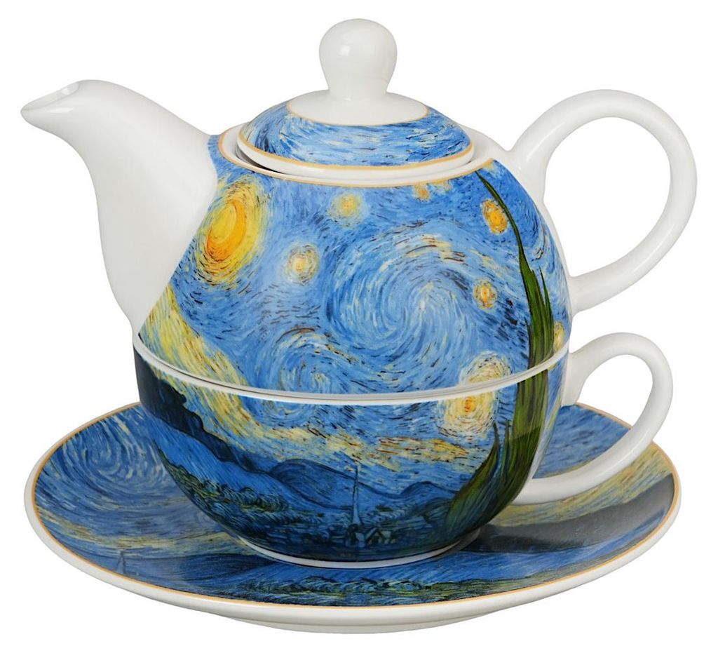 DUO ART GALLERY Teekanne mit Tasse und Teesieb STARRY NIGHT inspired by Van Gogh, New Bone China Porzellan