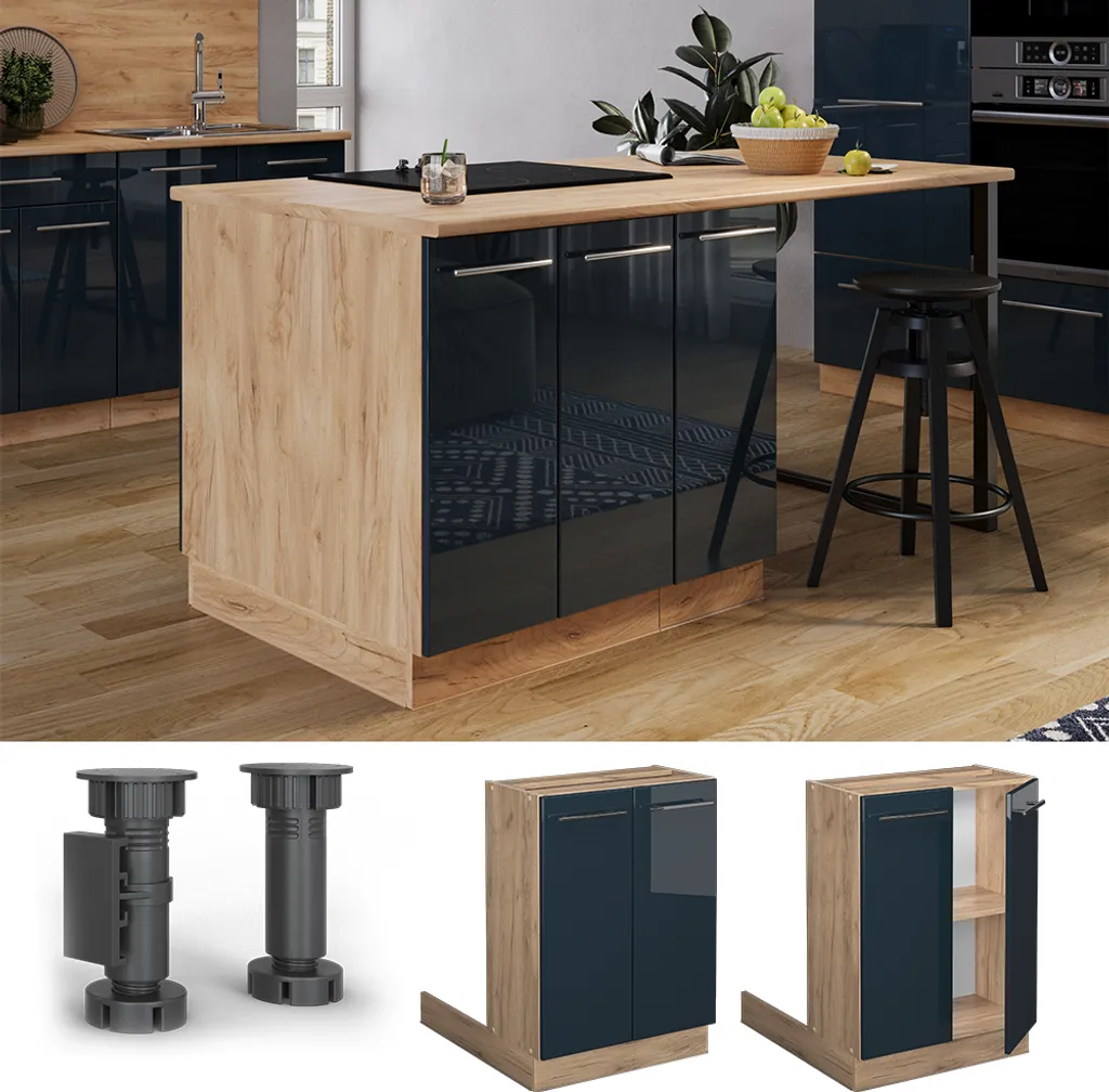 Vicco isola cucina Fame-Line, 60 cm senza piano di lavoro, Blu scuro lucido/Quercia dorata - 2