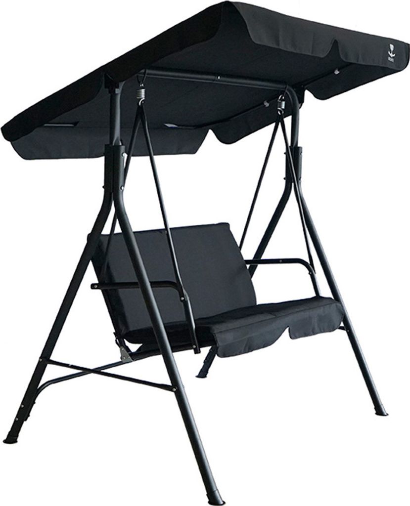 A black two-seater garden swing with a canopy.