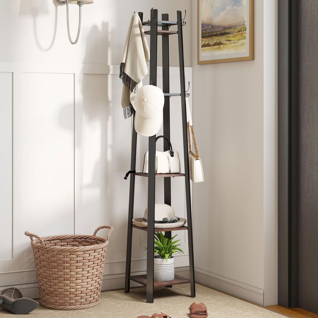 Garderobenständer Industrie-Stil, freistehender Kleiderständer 8 Haken 4 Regale, Metall Spanplatte, Braun | 34,8 x 34,8 x 179 cm | 9,6 kg