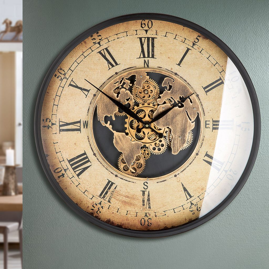 Gilde Wanduhr, rund, Weltkartenmotiv, Zahnrädermotiv,