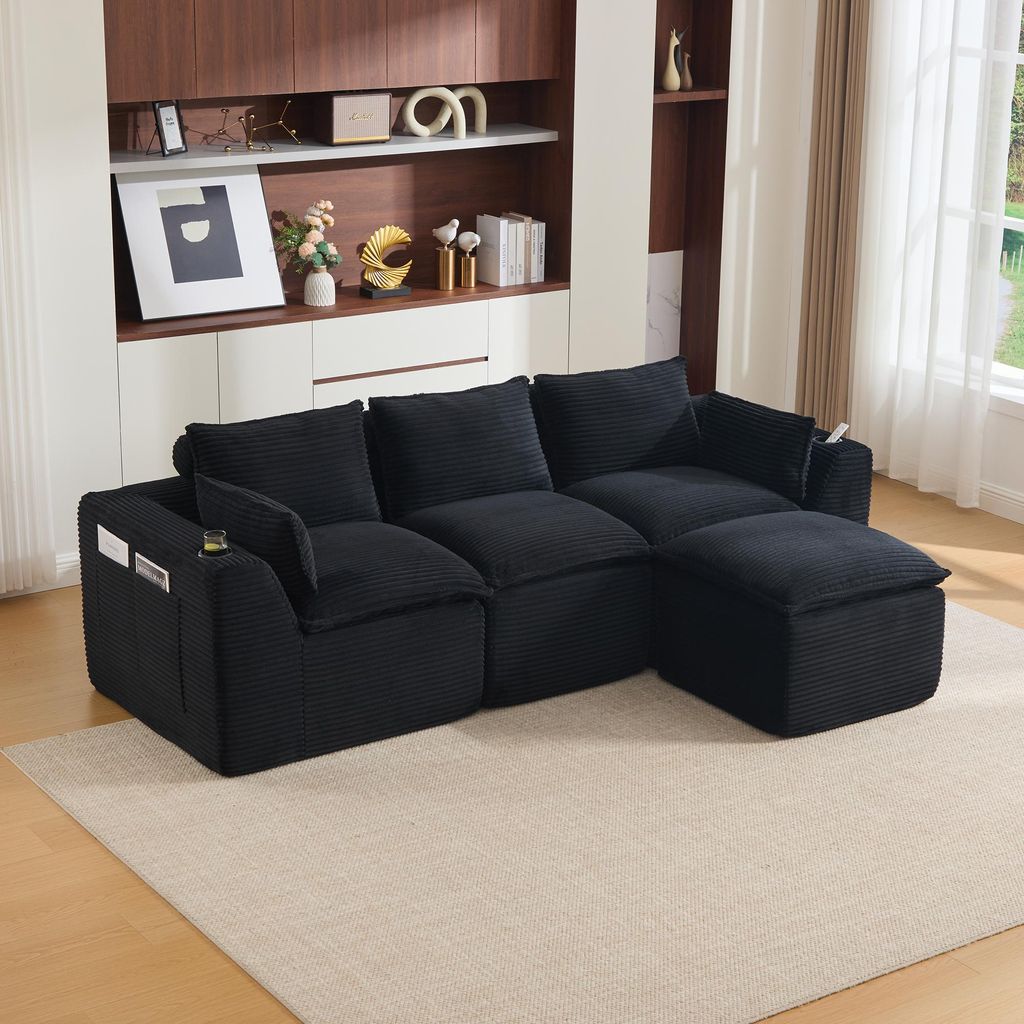 okwish Dreisitzer Ecksofa mit einer Fußhocker und Kissen, Wohnzimmersofa mit Getränkehalter und Seitentaschen, Modulares Sofa,Cord,Schwarz